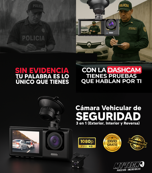 Dashcam 3 Cámaras Full HD 1080p con WIFI
