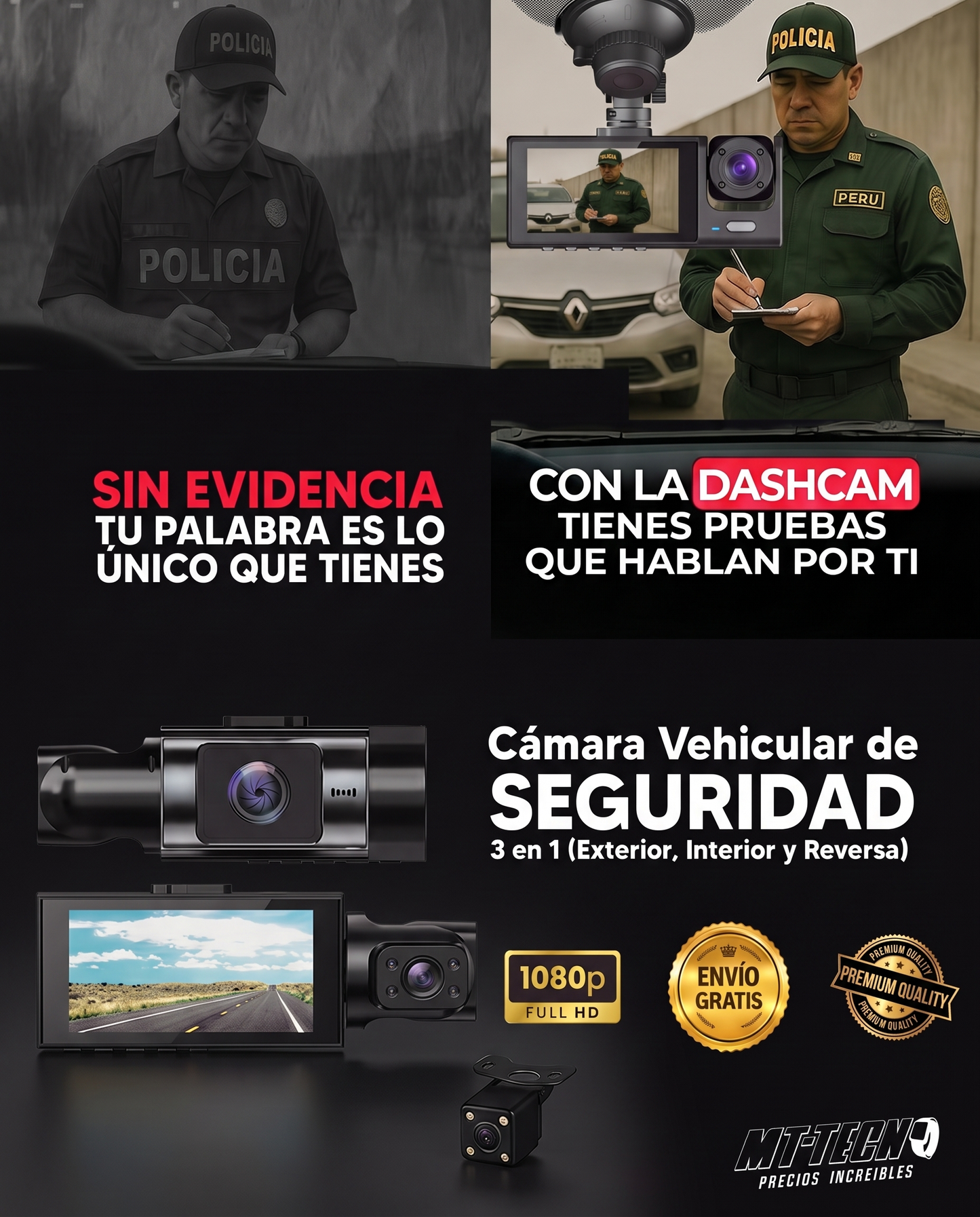 Dashcam 3 Cámaras Full HD 1080p | Visualiza desde tu Celular